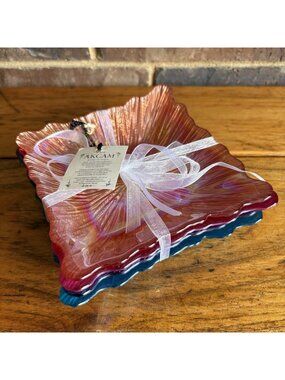 Akcam Turkish Glass Scalloped Edge Square Iridescent Plates  5.75" NWT Set of 4